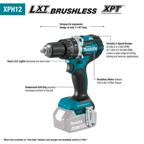 Makita 18V LXT® Lithium‑Ion Compact Brushless Cordless 1/2 Hammer Driver‑Drill, Tool Only