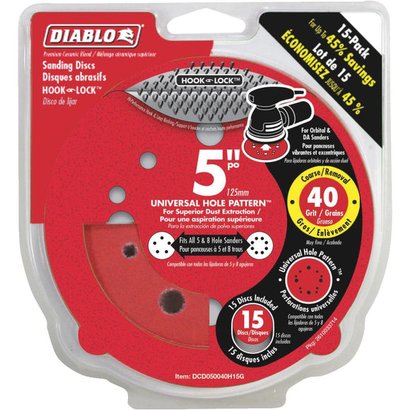 Diablo 5 In. 40-Grit Universal 12-Hole Vented Sanding Disc with Hook and Lock Backing (15-Pack)