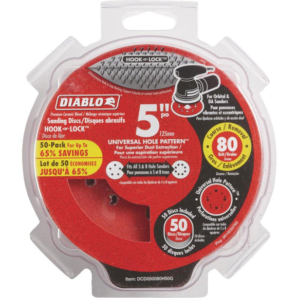 Diablo 5 In. 80-Grit Universal Hole Pattern Vented Sanding Disc with Hook and Lock Backing (50-Pack)